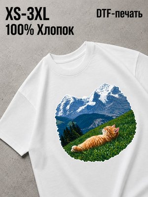 Футболка котенок в горах лежит думает кайфует